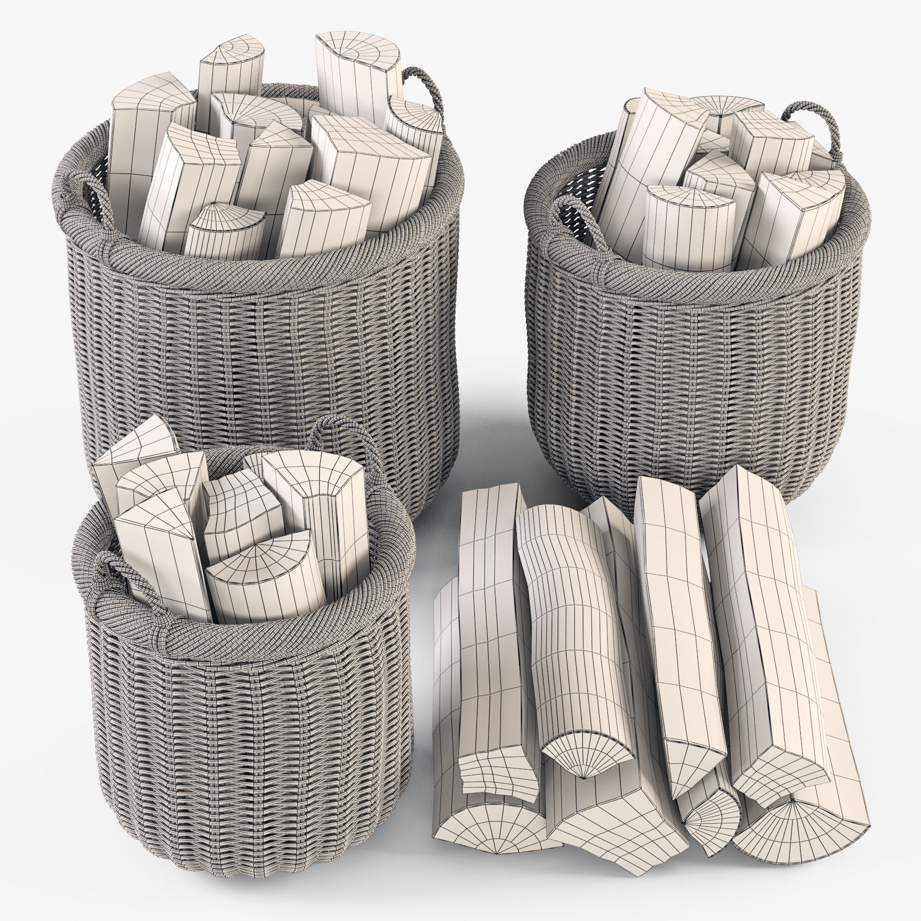 Wicker Basket 7 Walnut Brown Color with Firewood 3D model_13