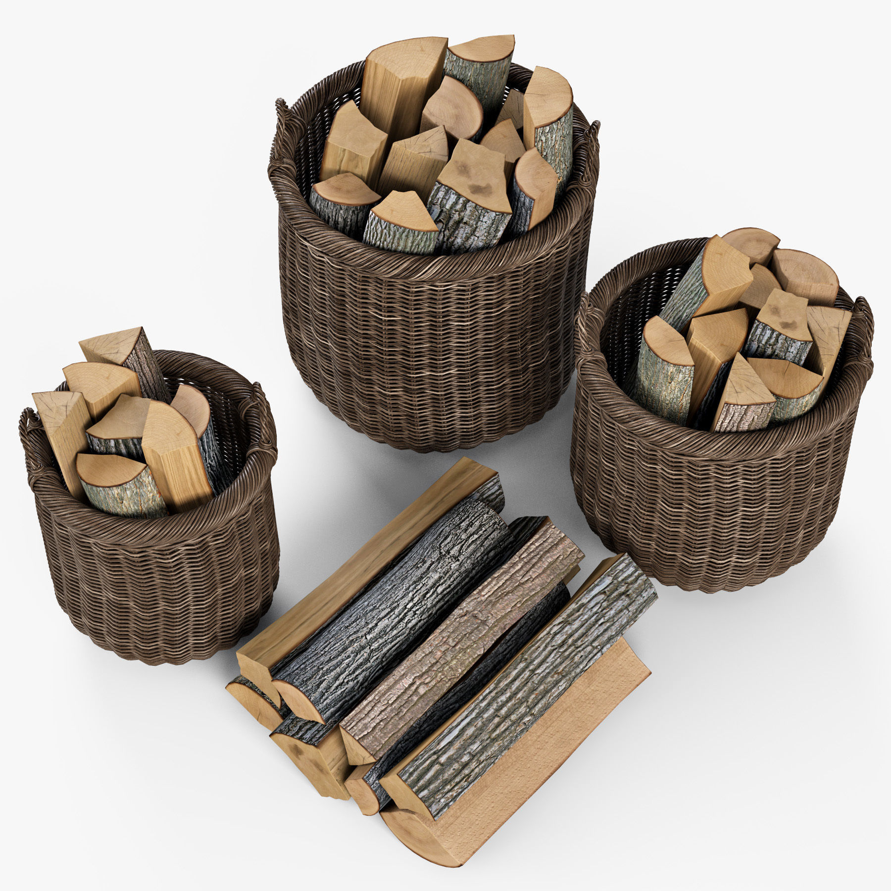 Wicker Basket 7 Walnut Brown Color with Firewood 3D model_1
