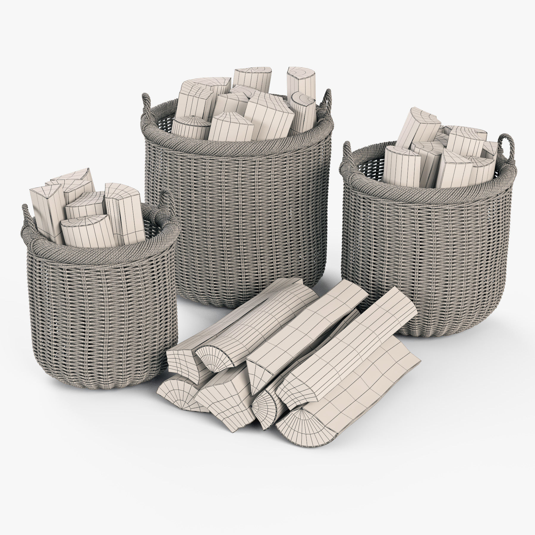 Wicker Basket 7 Walnut Brown Color with Firewood 3D model_15