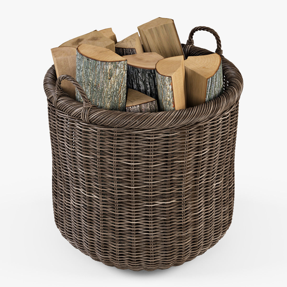 Wicker Basket 7 Walnut Brown Color with Firewood 3D model_7