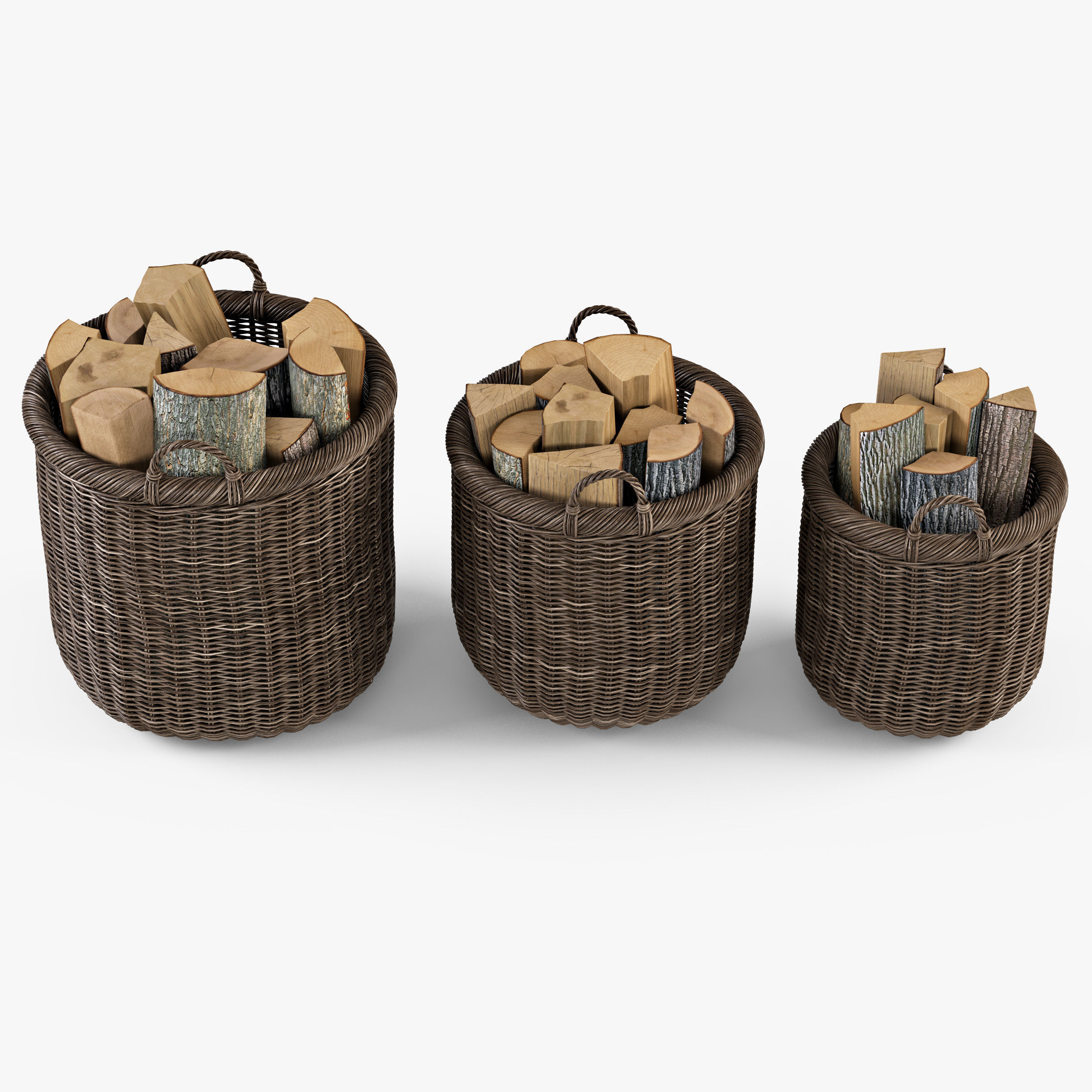 Wicker Basket 7 Walnut Brown Color with Firewood 3D model_6