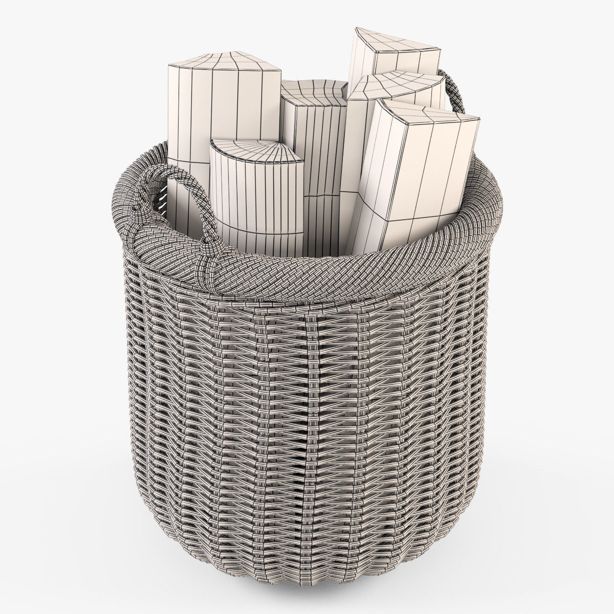 Wicker Basket 7 Walnut Brown Color with Firewood 3D model_18