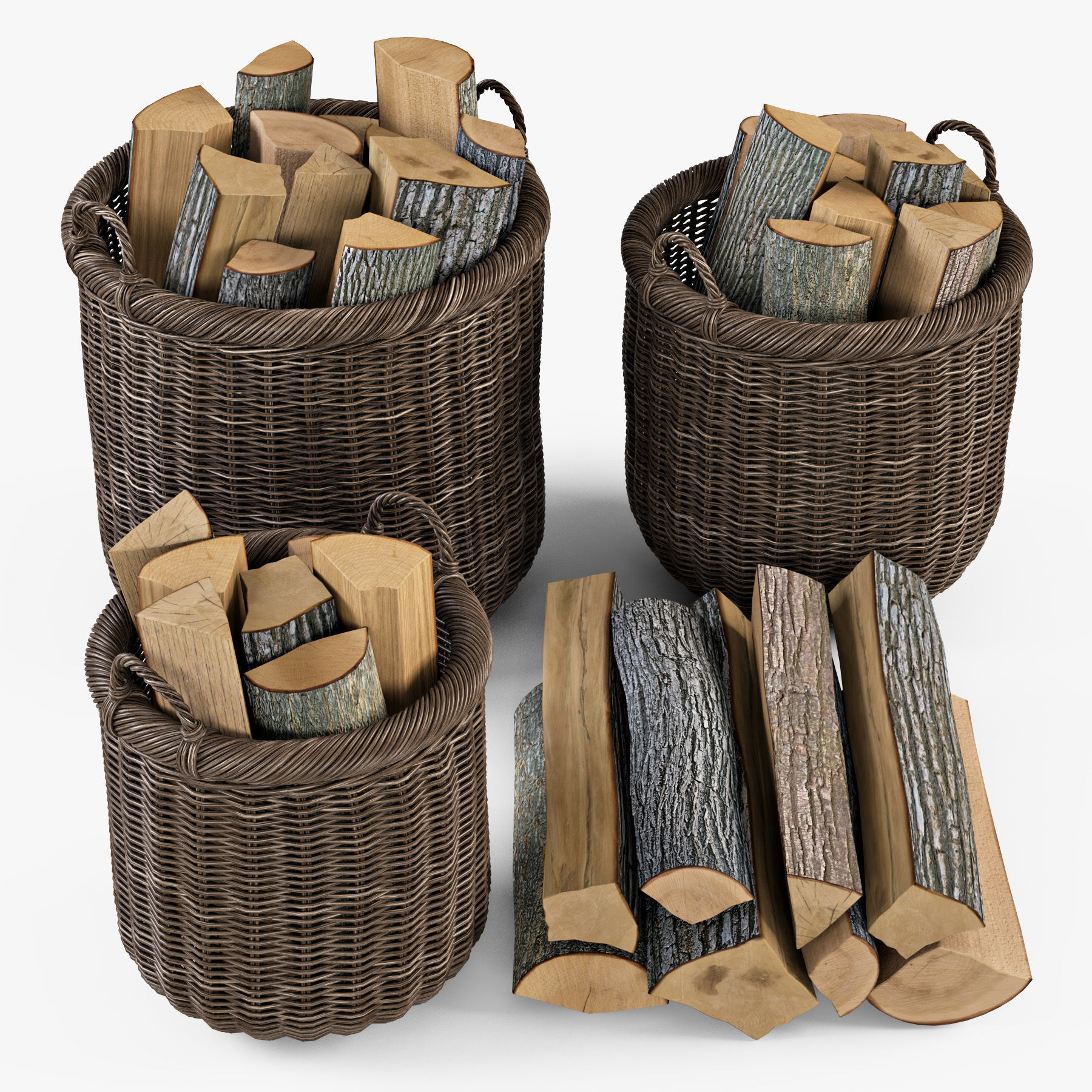 Wicker Basket 7 Walnut Brown Color with Firewood 3D model_2