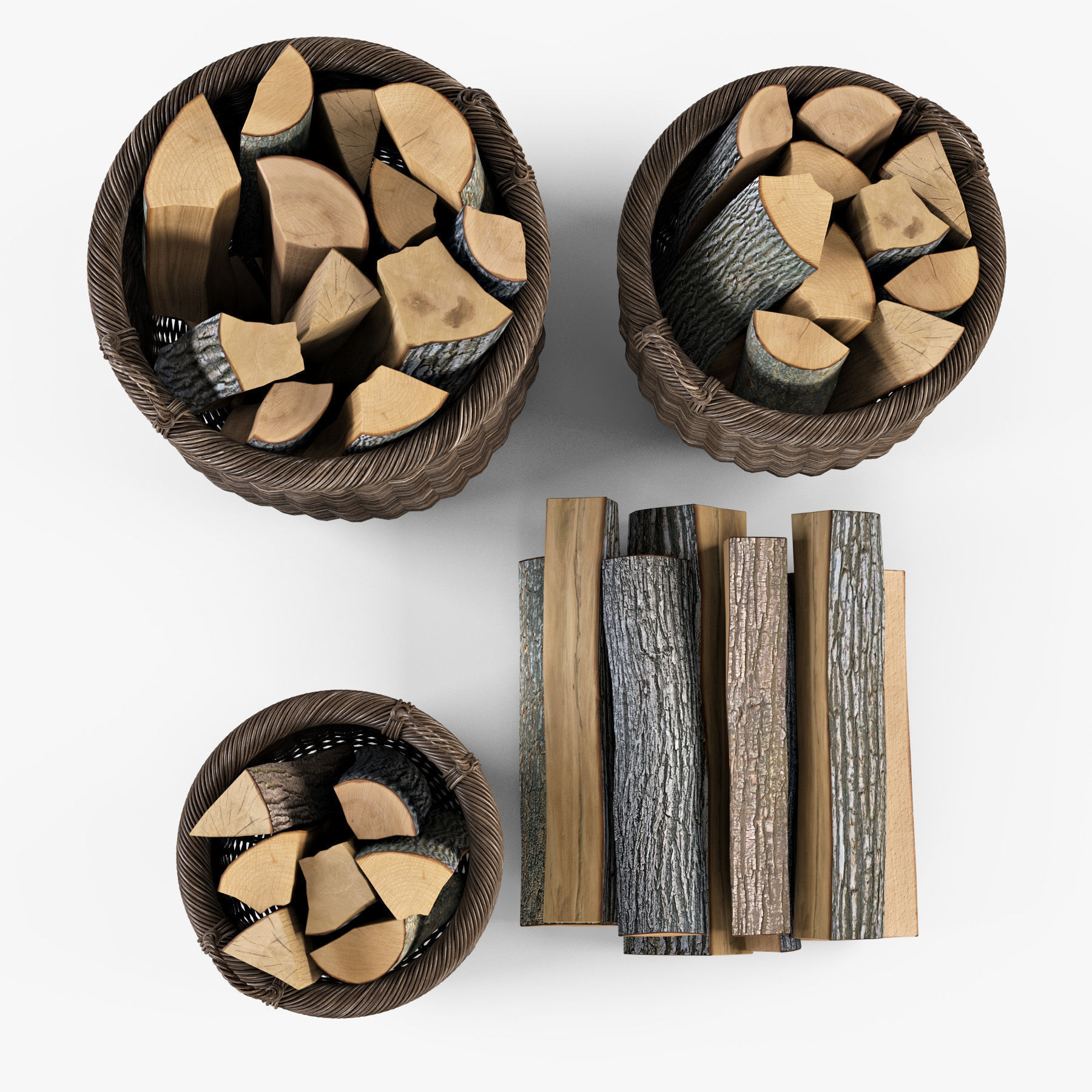 Wicker Basket 7 Walnut Brown Color with Firewood 3D model_4