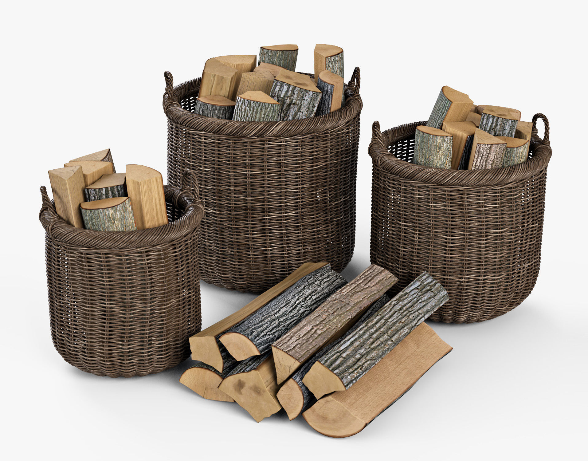 Wicker Basket 7 Walnut Brown Color with Firewood 3D model_0