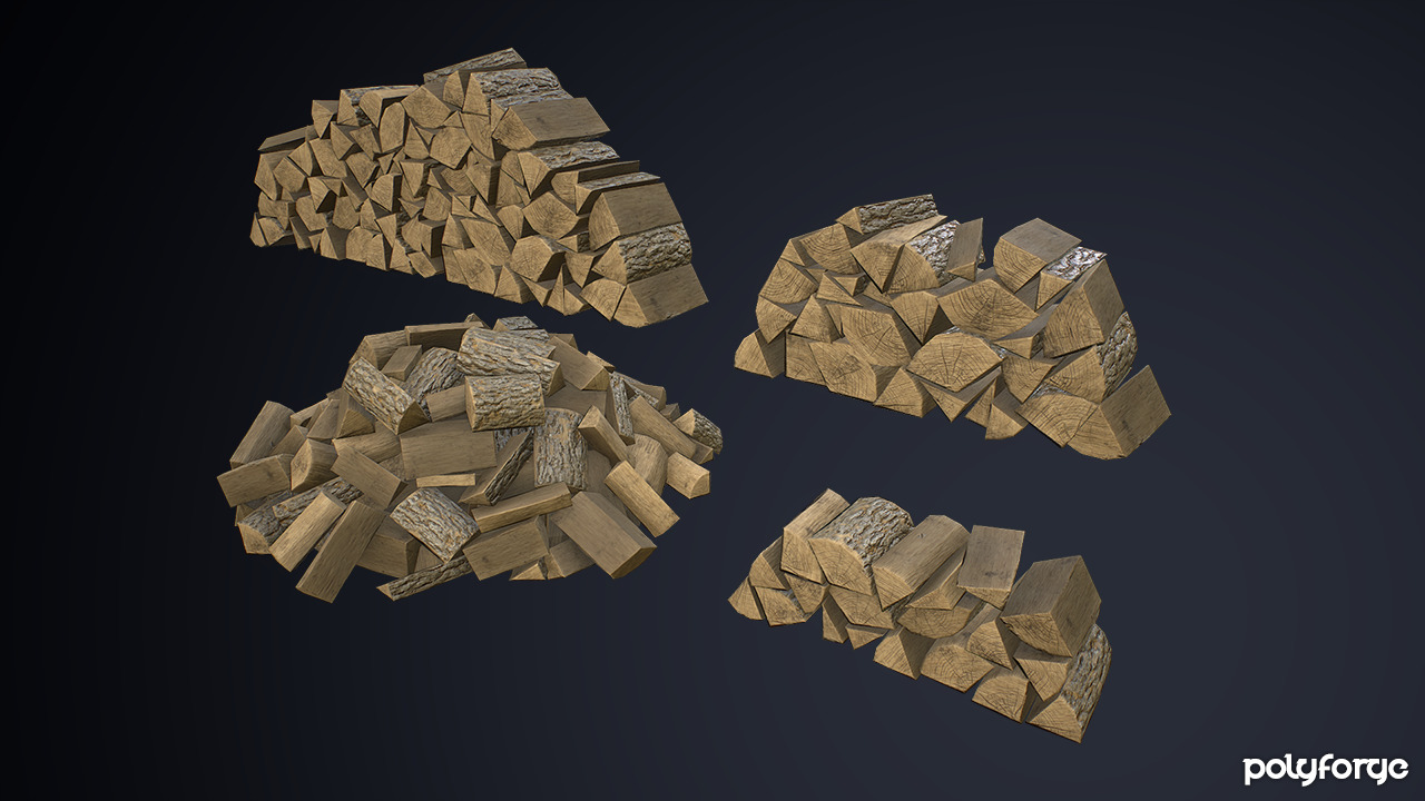 Split Logs Wooden Fire Stack Pile Low-poly 3D model_4