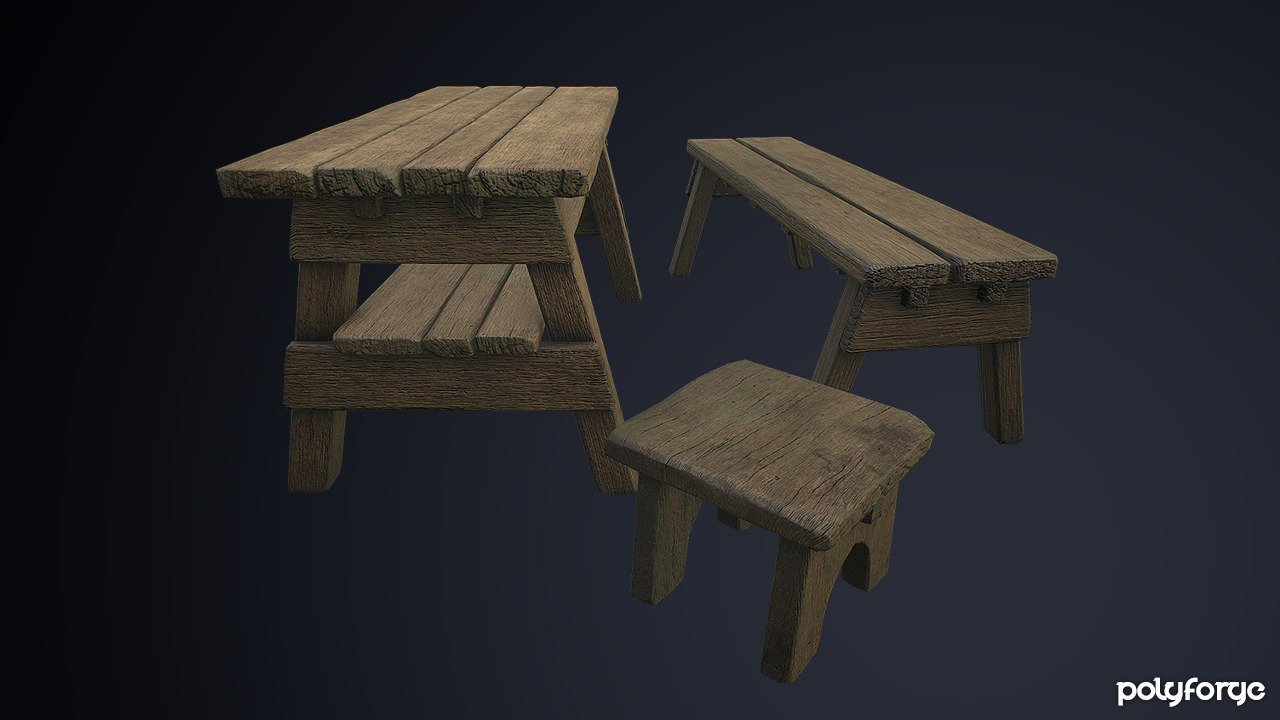 Rustic Wooden Trestle Work Table Stool and Bench Low-poly 3D model_2