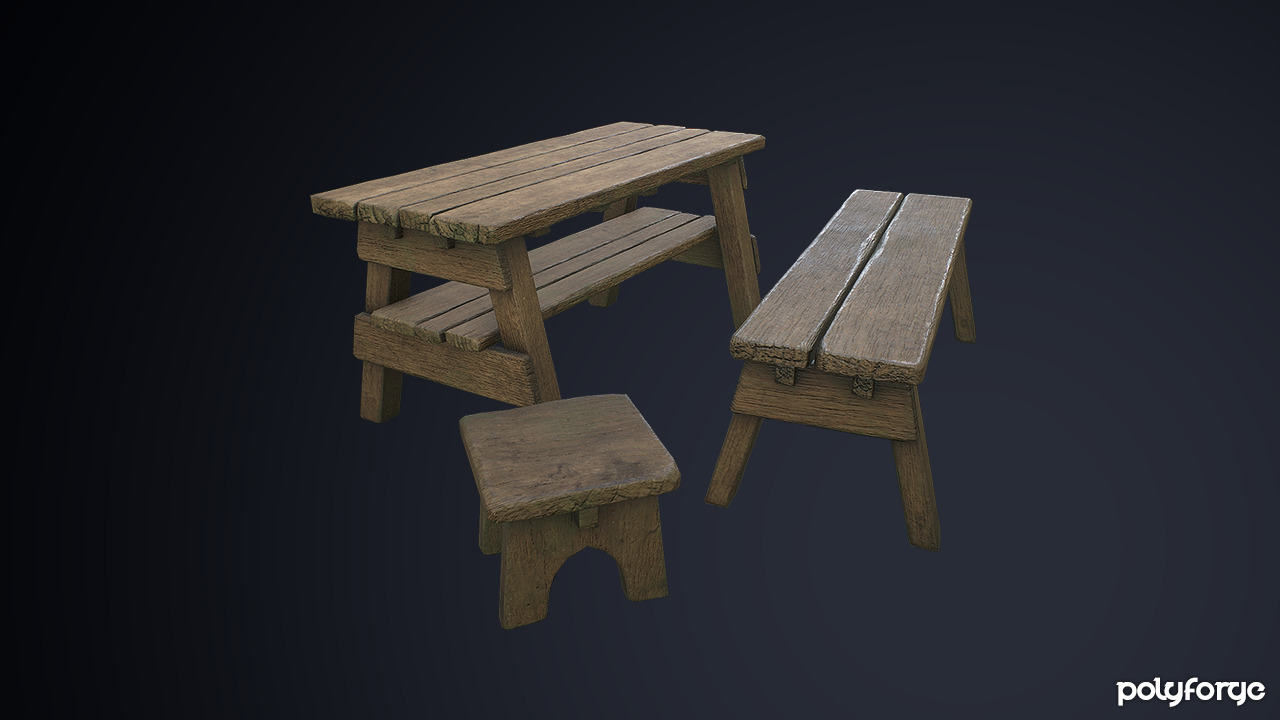 Rustic Wooden Trestle Work Table Stool and Bench Low-poly 3D model_6