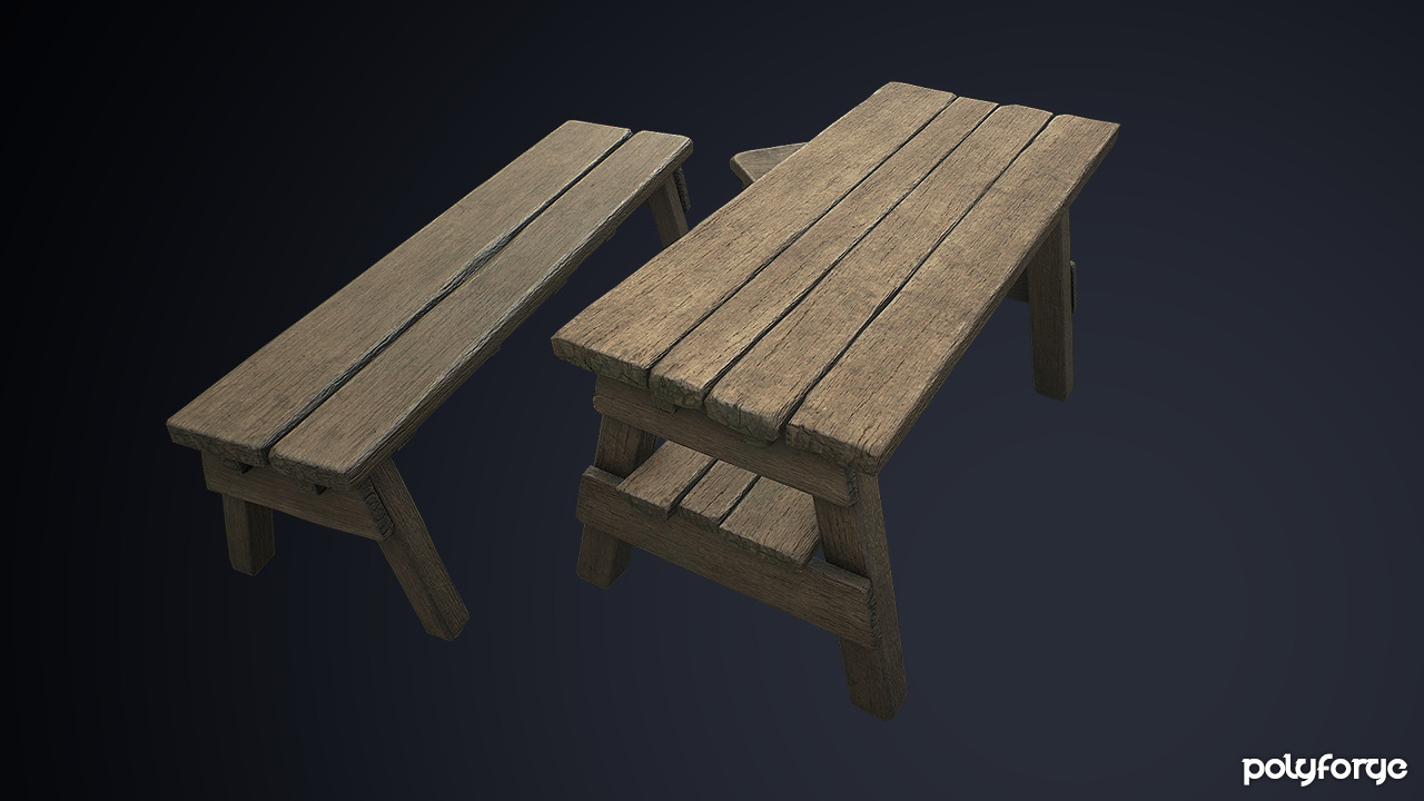Rustic Wooden Trestle Work Table Stool and Bench Low-poly 3D model_7