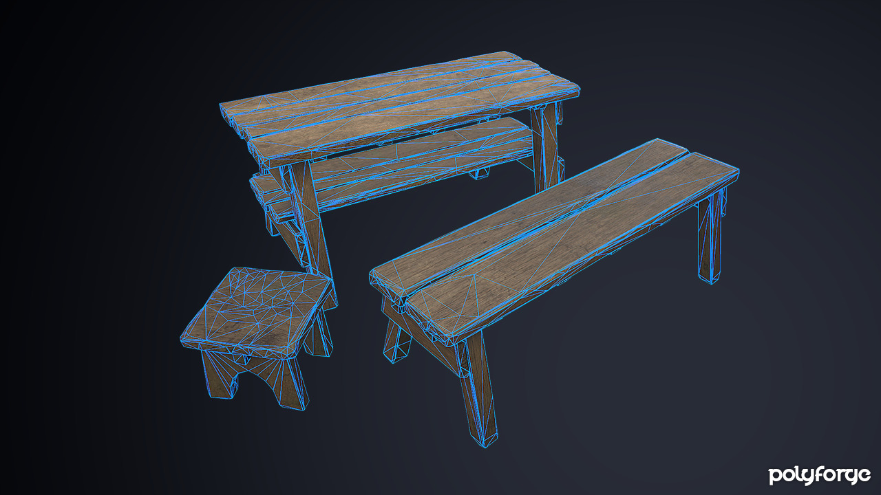 Rustic Wooden Trestle Work Table Stool and Bench Low-poly 3D model_4