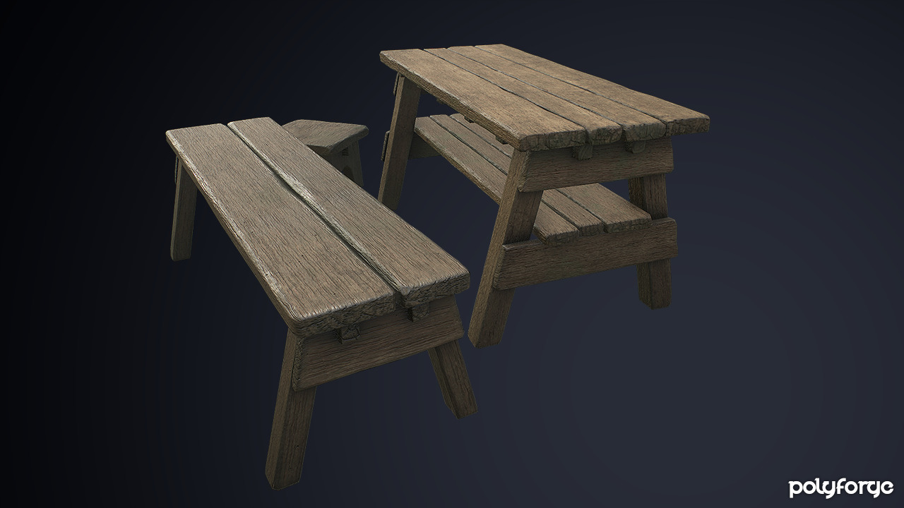 Rustic Wooden Trestle Work Table Stool and Bench Low-poly 3D model_5