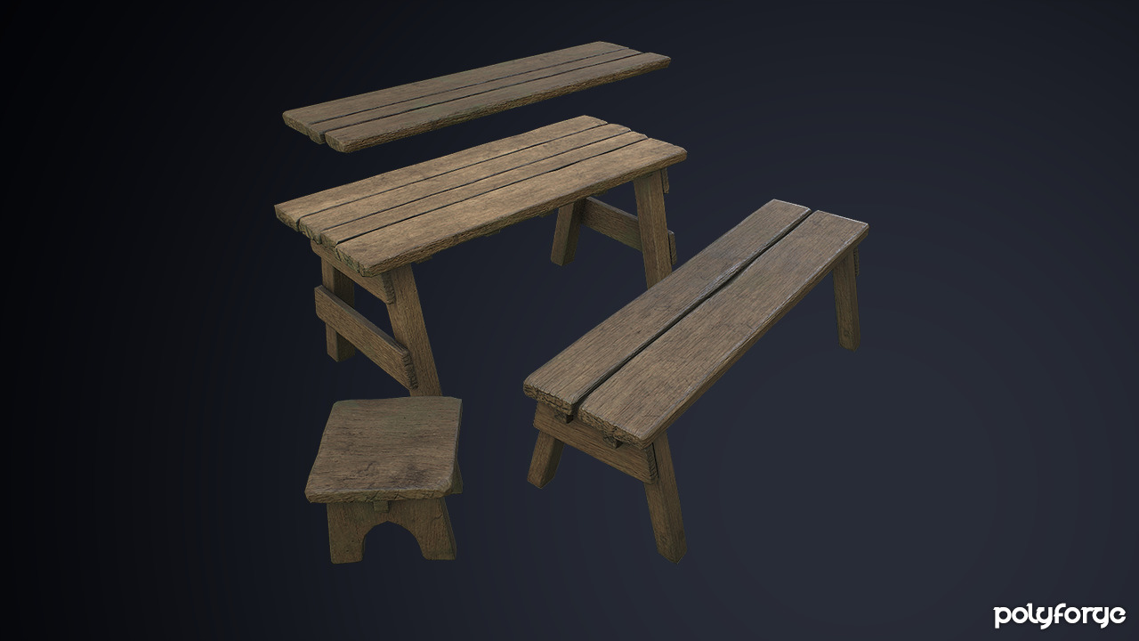 Rustic Wooden Trestle Work Table Stool and Bench Low-poly 3D model_3