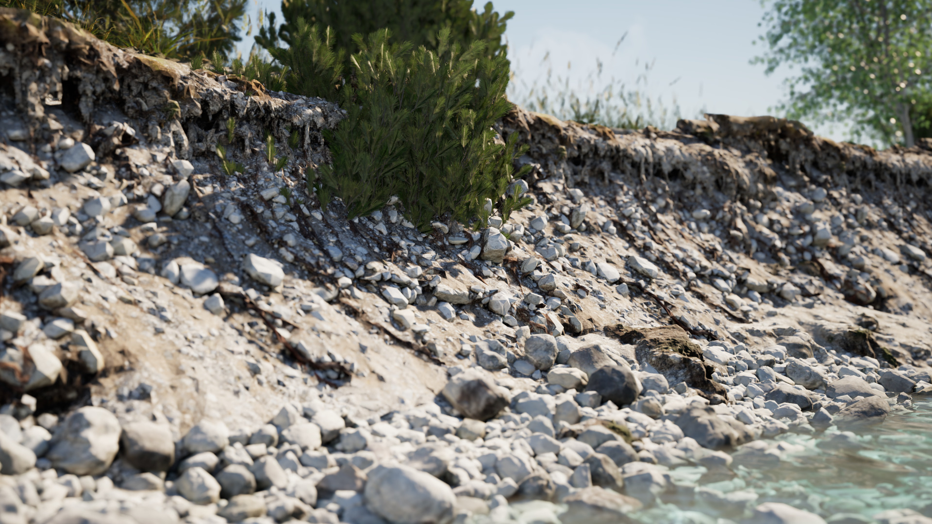 Alpine river gravel embankment with roots Low-poly 3D model_2