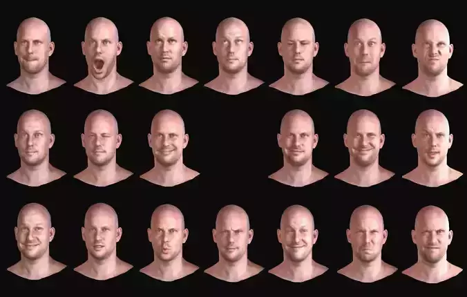 20 Realistic Male Expressions Low-poly 3D model