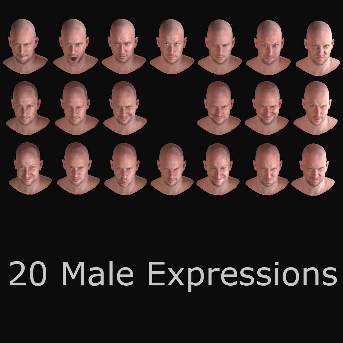 20 Realistic Male Expressions Low-poly 3D model_1