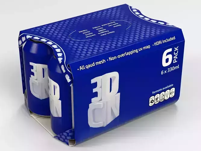 6 pack 330ml beverage cans in a cardboard sleeve 3D model