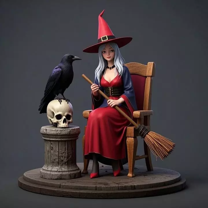 1525Elegant Witch Broom Raven Skull Color Full Body Figurine 3D print model_0