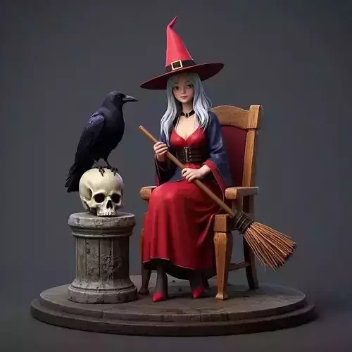 1525Elegant Witch  Broom Raven Skull  Color Full Body Figurine