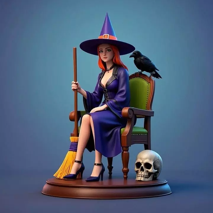 1527 Elegant Witch with Broom Raven and Skull 3D print model_0