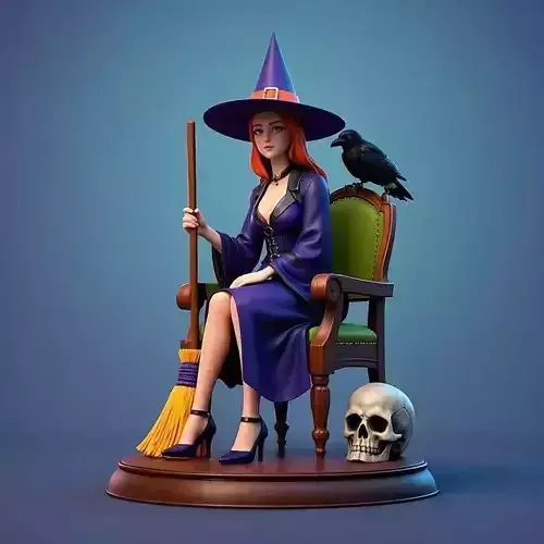 1527  Elegant Witch with Broom Raven and  Skull