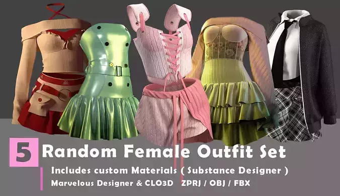 5 Female Outfit Sets with Custom Material Substance Designer 
