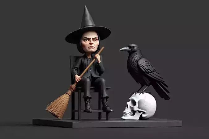 1535  Elegant Witch with Broom Raven and  Skull
