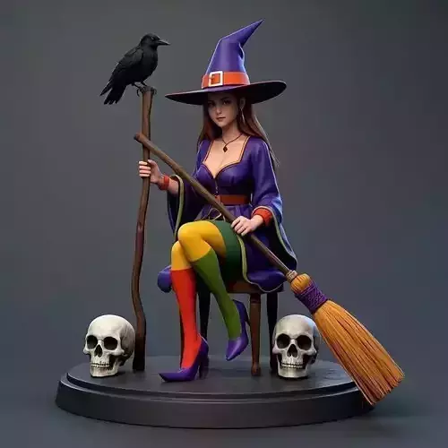 1536  Elegant Witch with Broom Raven and  Skull