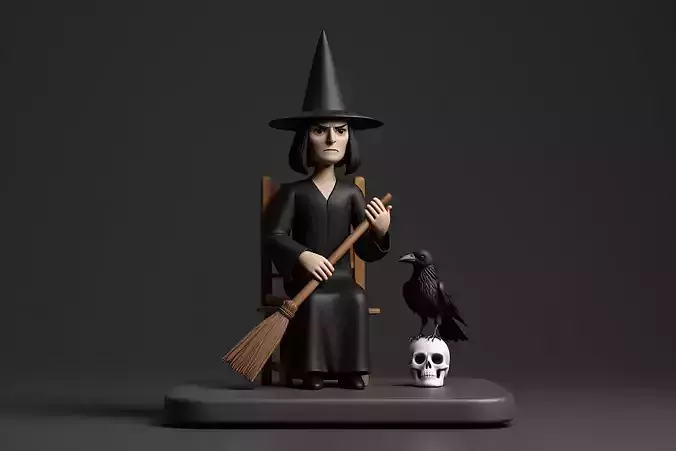 1537  Elegant Witch with Broom  Raven and  Skull