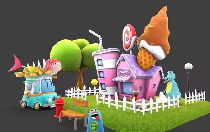 Cartoon Amusement Park Low-poly 3D model