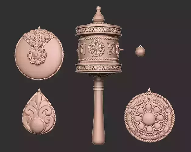 Tibetan-style prayer wheel and 3 types of ornaments