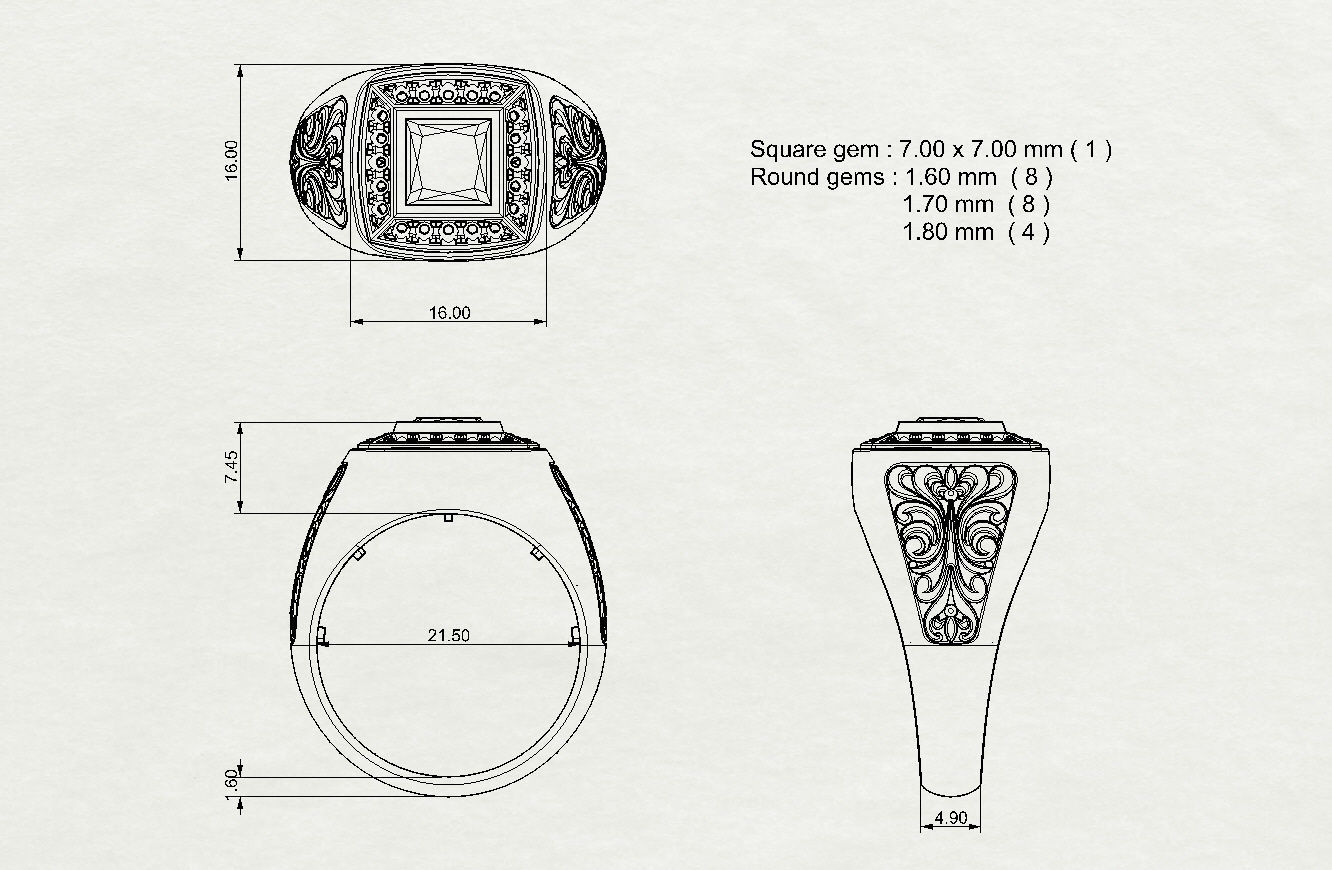 Mens ring with square gemstone 014 3D print model_1