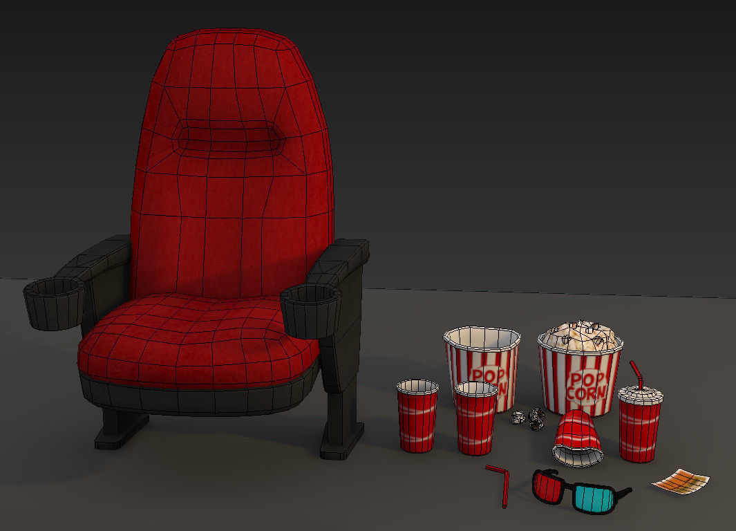 Cinema - Low Poly chair with popcorn and glasses Low-poly 3D model_4