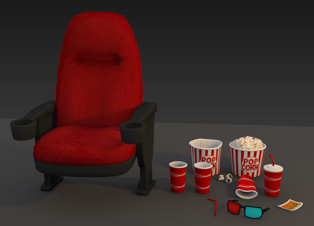 Cinema - Low Poly chair with popcorn and glasses Low-poly 3D model_3