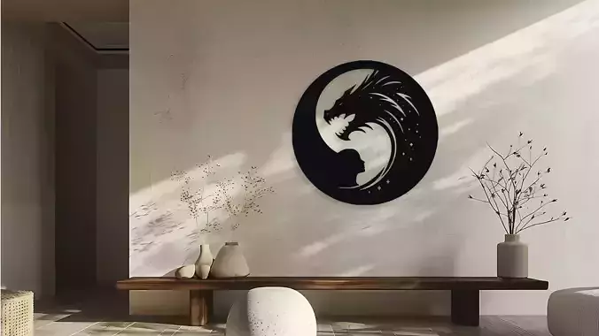 Yin Yang Dragon and Woman Silhouette Wall Art