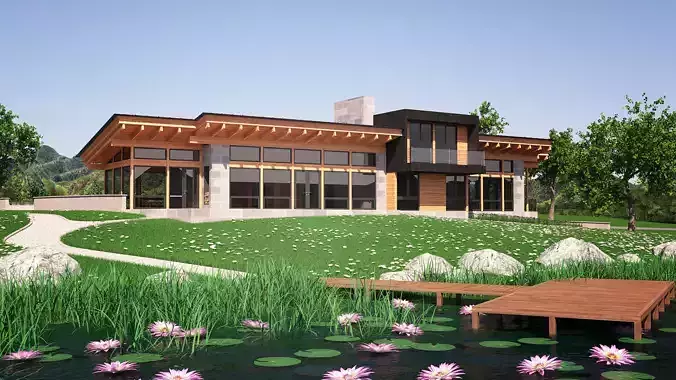 Wooden Lakeside House in a Natural Landscape