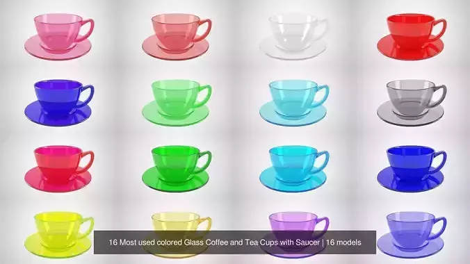16 Most used colored Glass Coffee and Tea Cups with Saucer