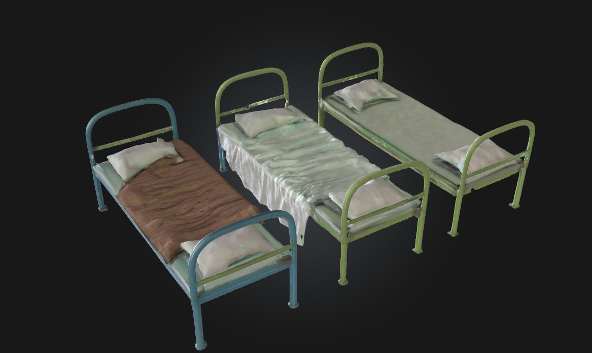Three Metal Beds  Industrial Sleeping Setup 3D model_2