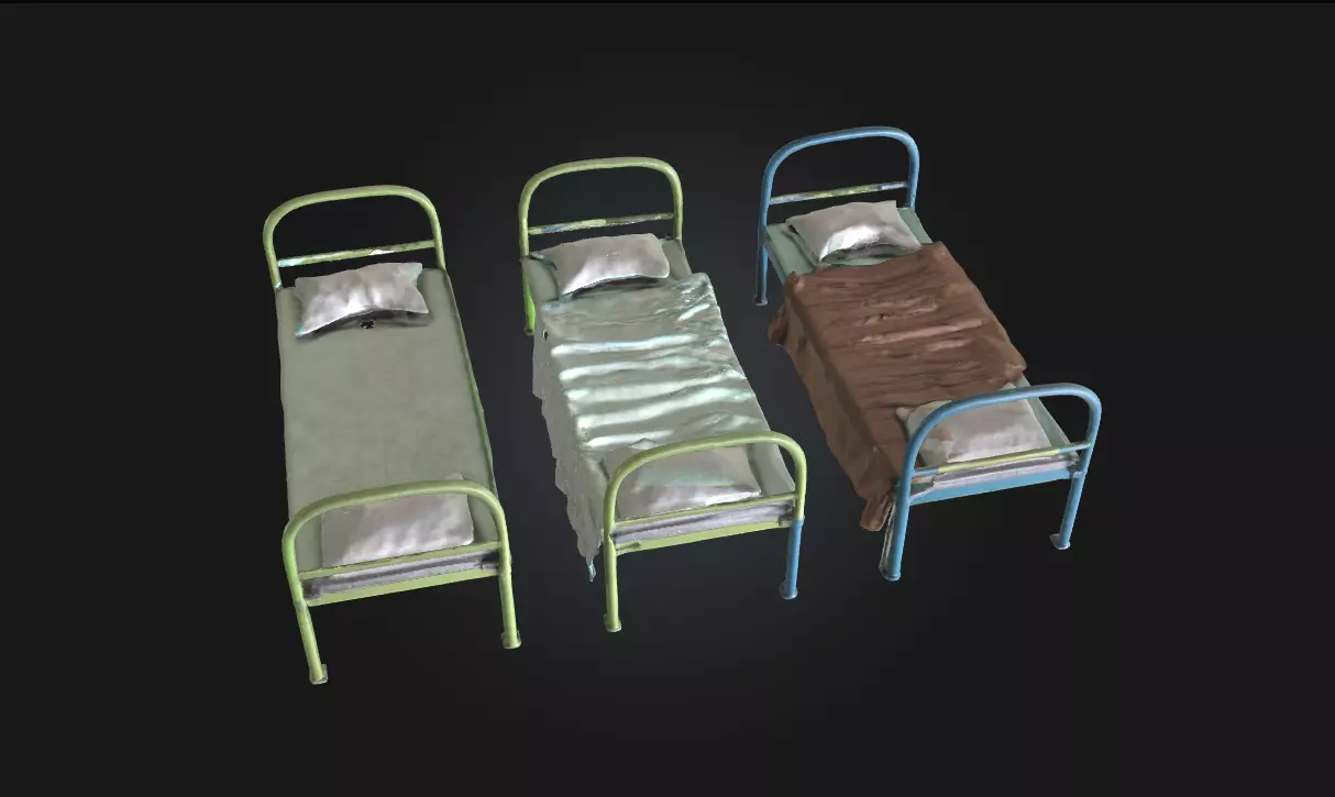 Three Metal Beds  Industrial Sleeping Setup 3D model_0