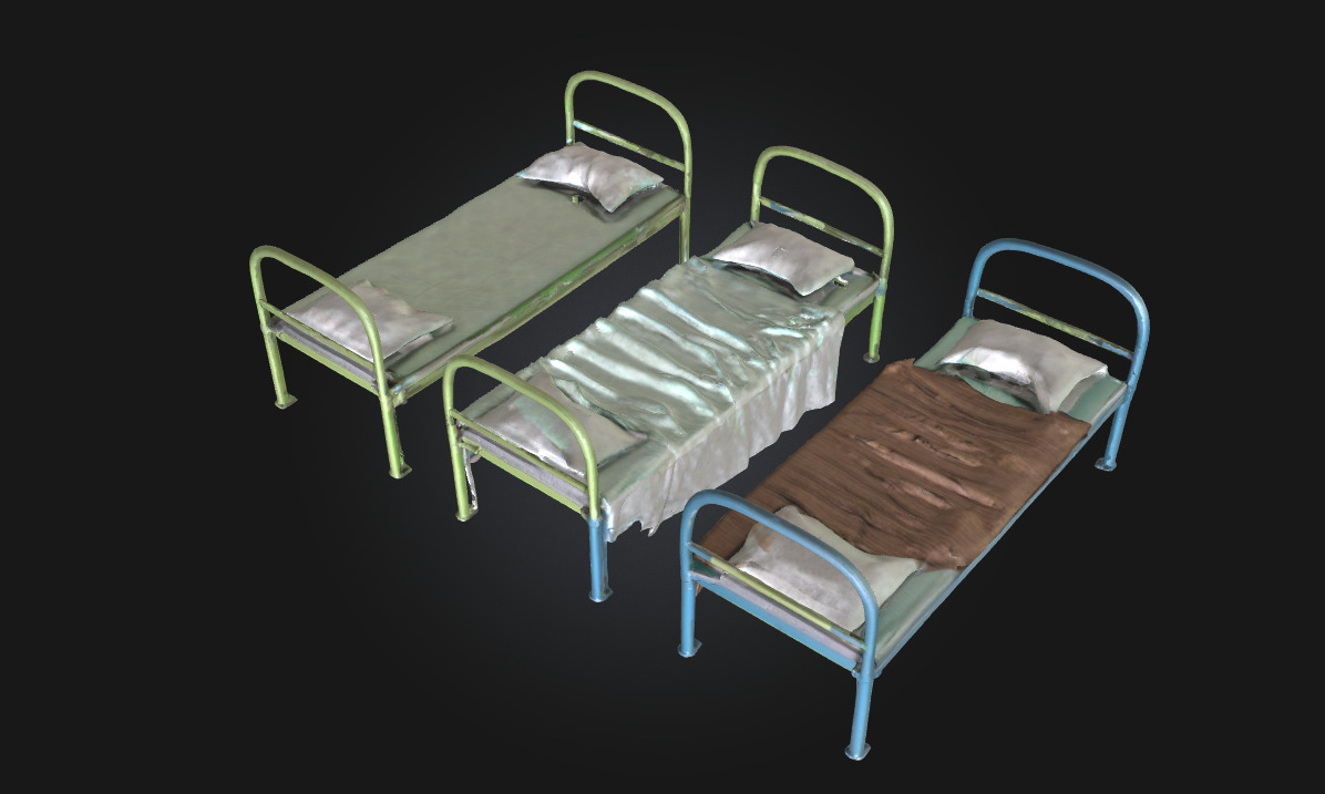 Three Metal Beds  Industrial Sleeping Setup 3D model_1