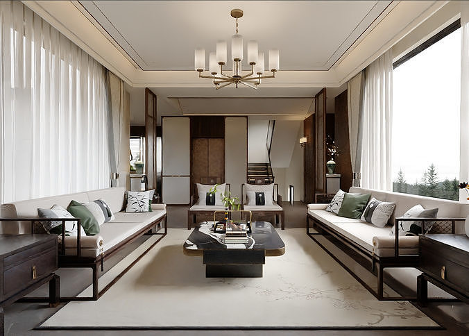 New Chinese-style living room and dining area 3D model