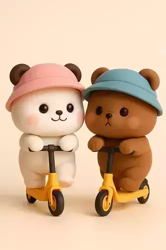 Kawaii Bears Riding Scooters 3D print model