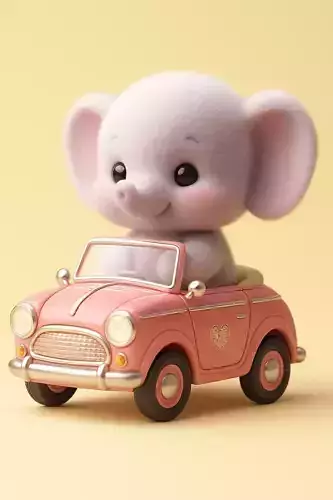 Kawaii Elephant in Vintage Car 3D print model