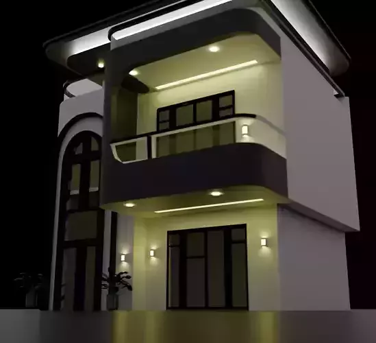 Modern Two-Story House Exterior  Night Render 3D model