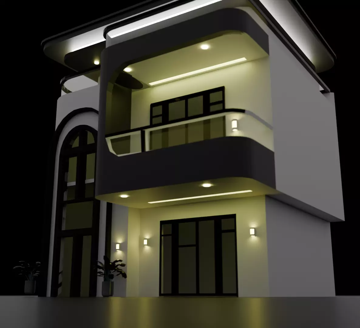 Modern Two-Story House Exterior  Night Render 3D model_0