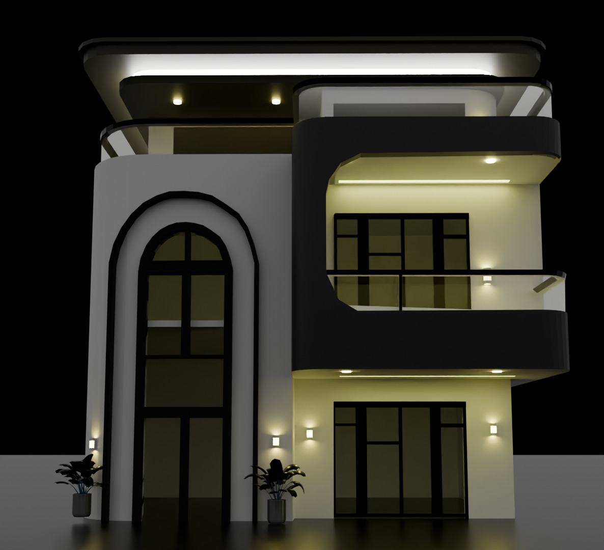 Modern Two-Story House Exterior  Night Render 3D model_1