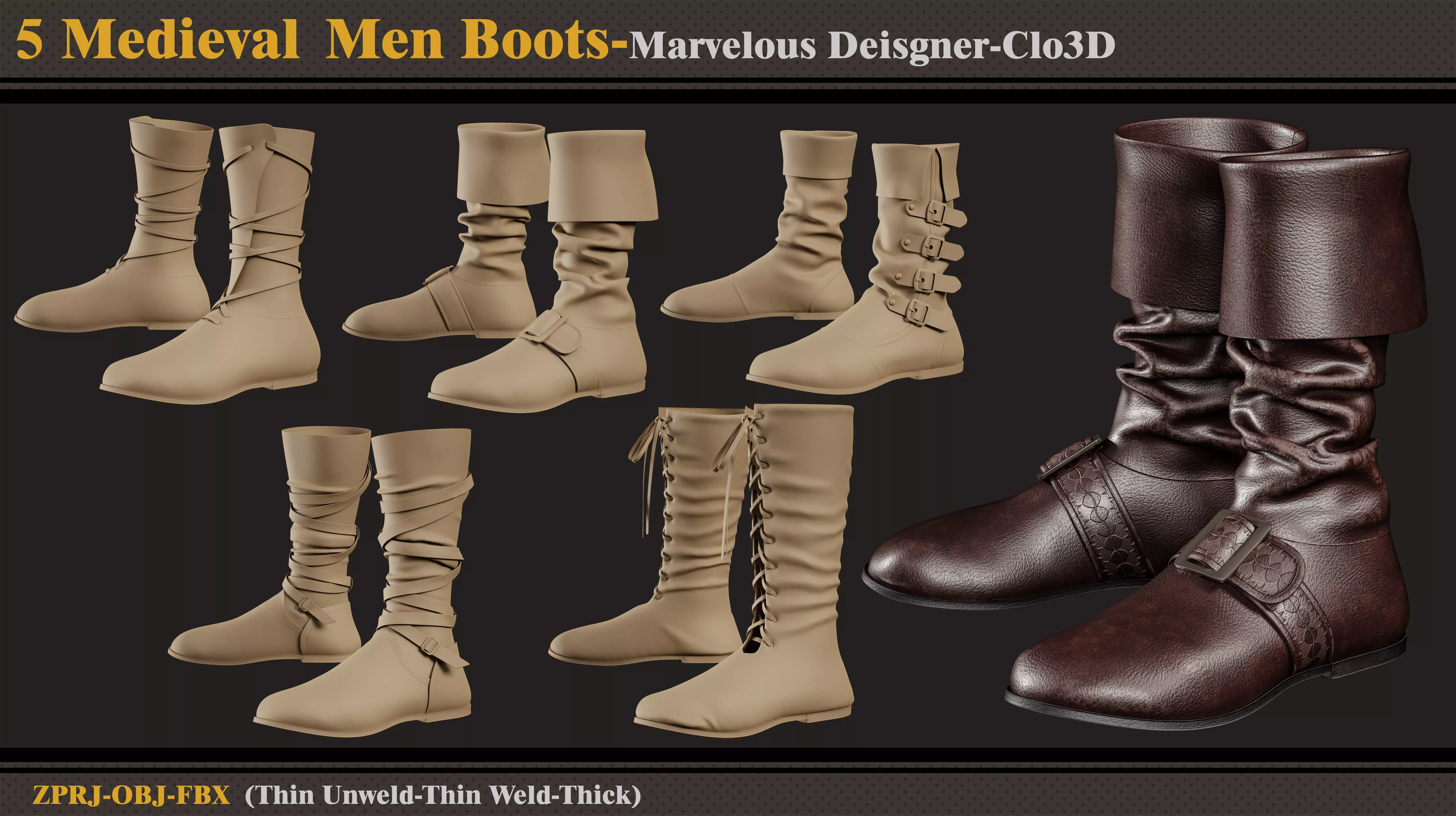 5 Medieval Men Boots-MD-Clo3D-ZPRJ-FBX-OBJ 3D model_0