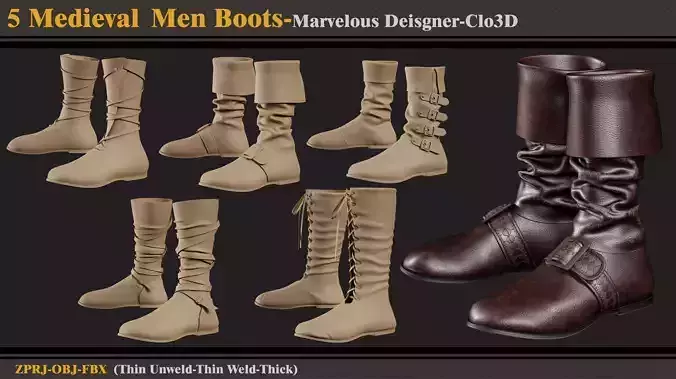 5 Medieval Men Boots-MD-Clo3D-ZPRJ-FBX-OBJ