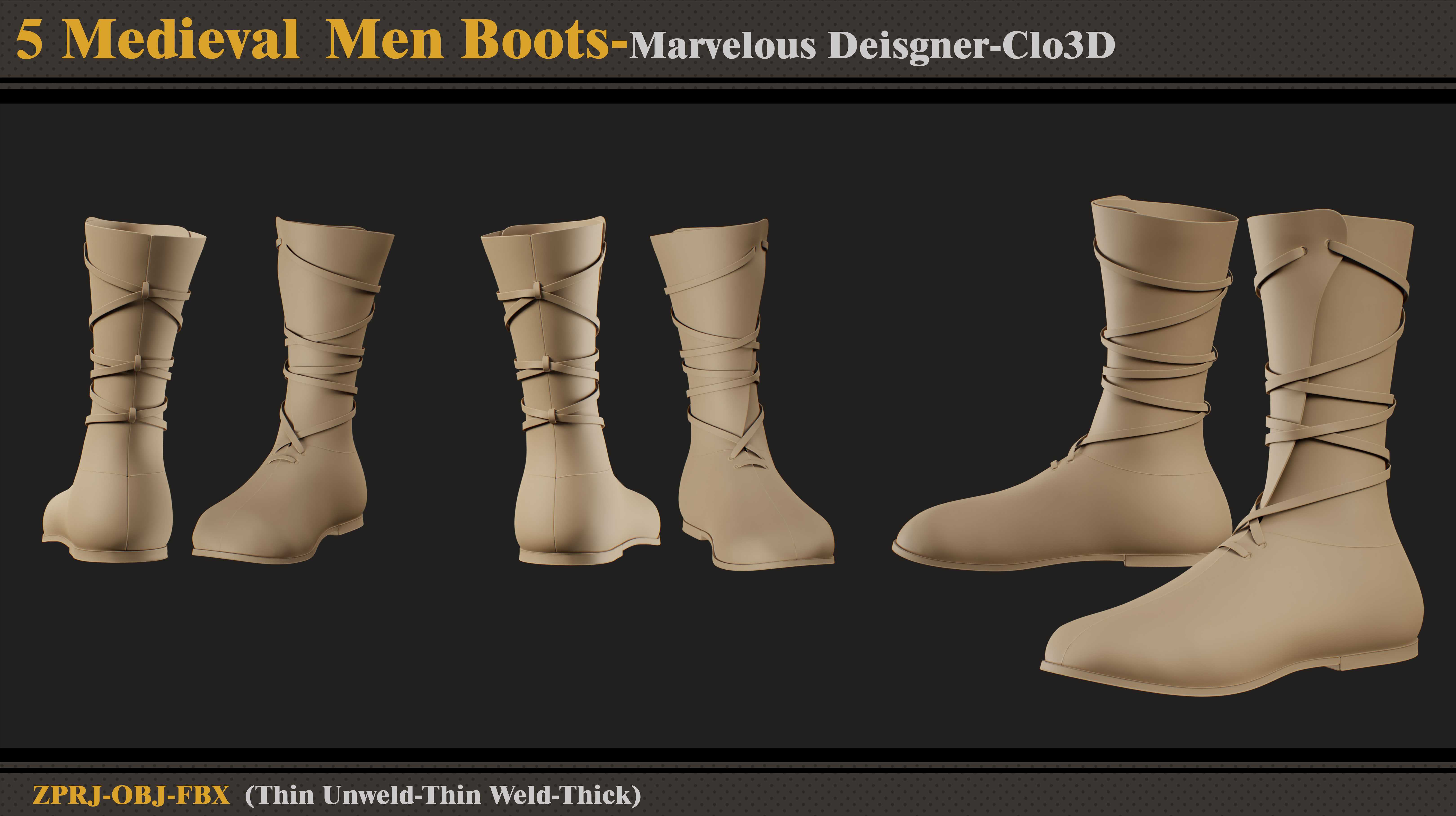 5 Medieval Men Boots-MD-Clo3D-ZPRJ-FBX-OBJ 3D model_1