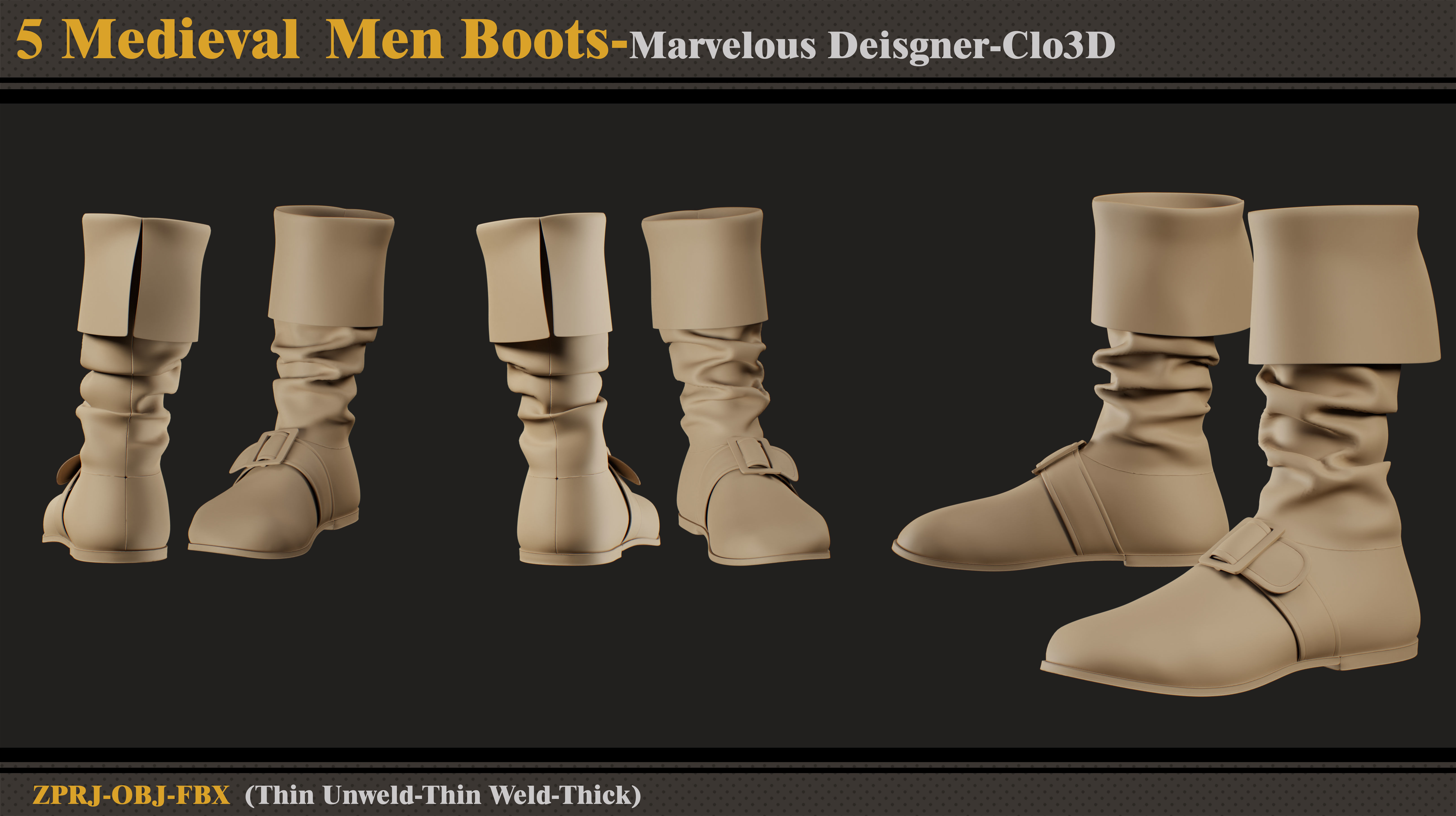 5 Medieval Men Boots-MD-Clo3D-ZPRJ-FBX-OBJ 3D model_2