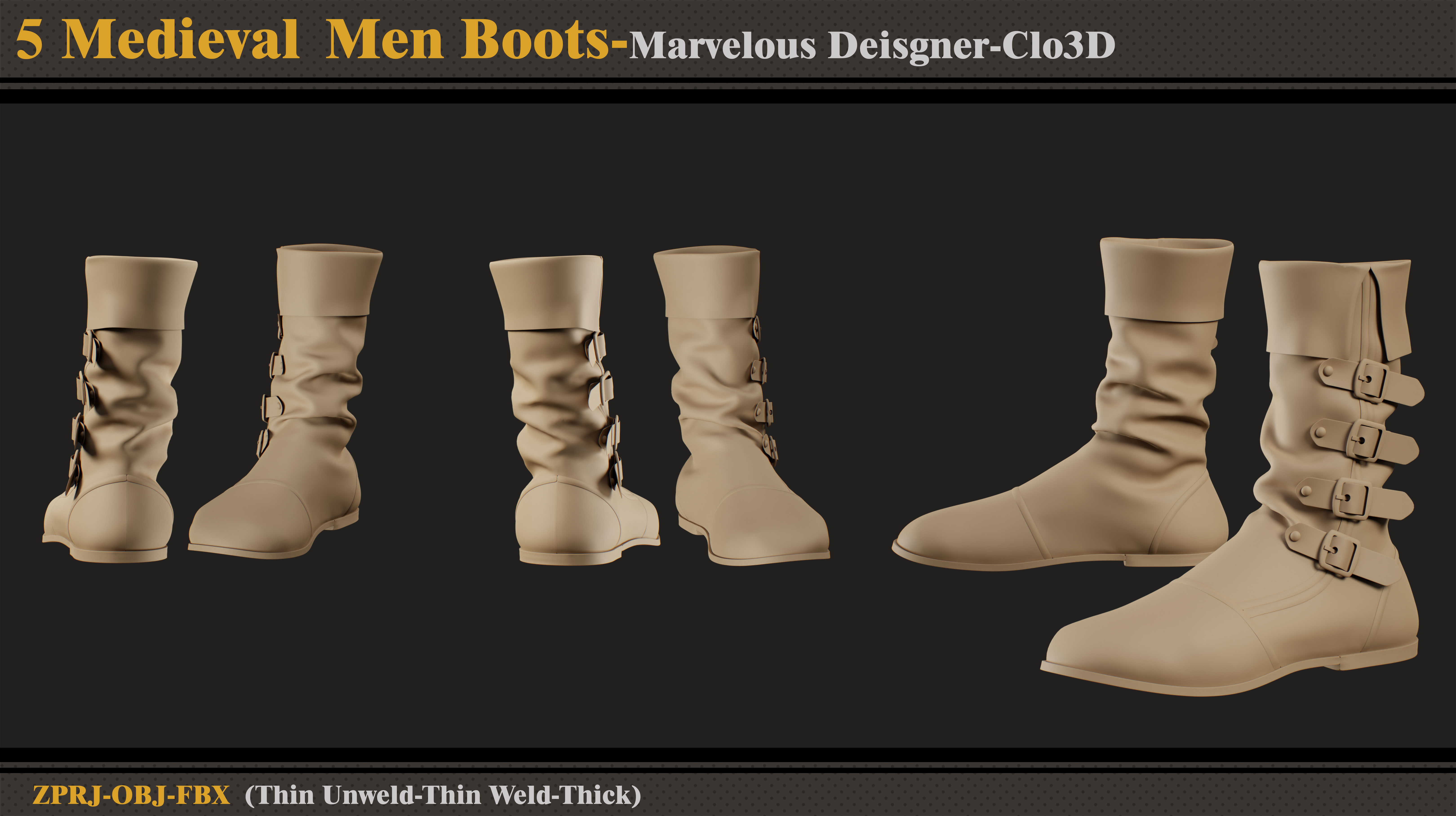 5 Medieval Men Boots-MD-Clo3D-ZPRJ-FBX-OBJ 3D model_4